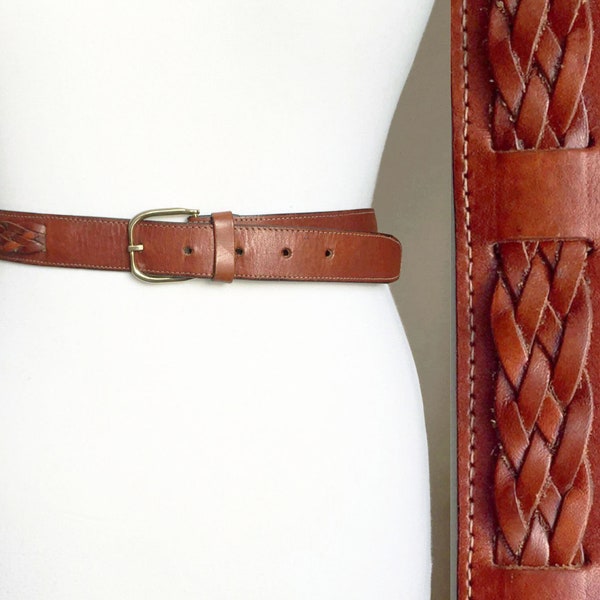 Vintage Brown Braided Waist Leather belt, 32-36", 83-93 cm