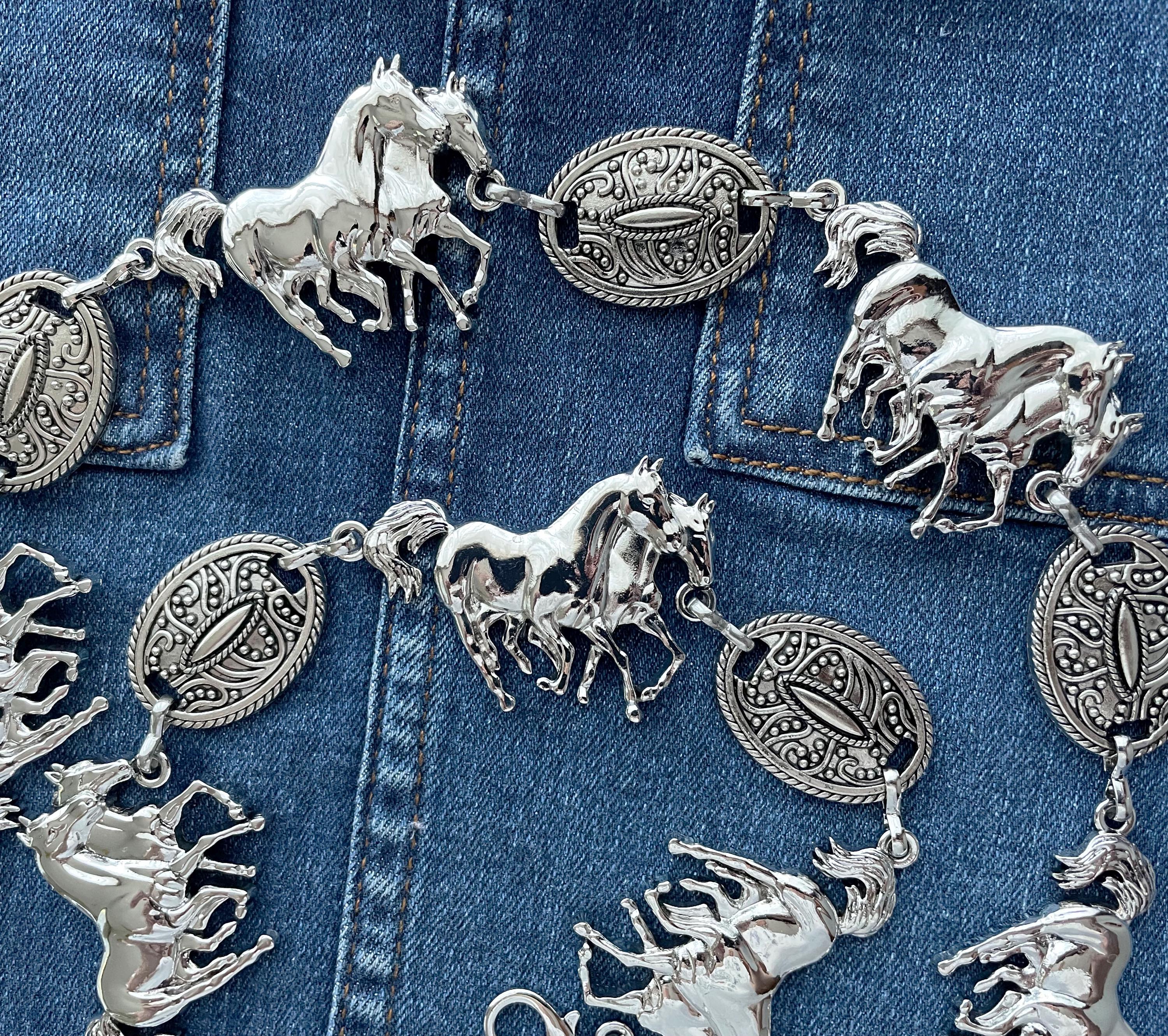 Horse Concho belt Southwest Cowgirl Silver Metal Concho Chain belt
