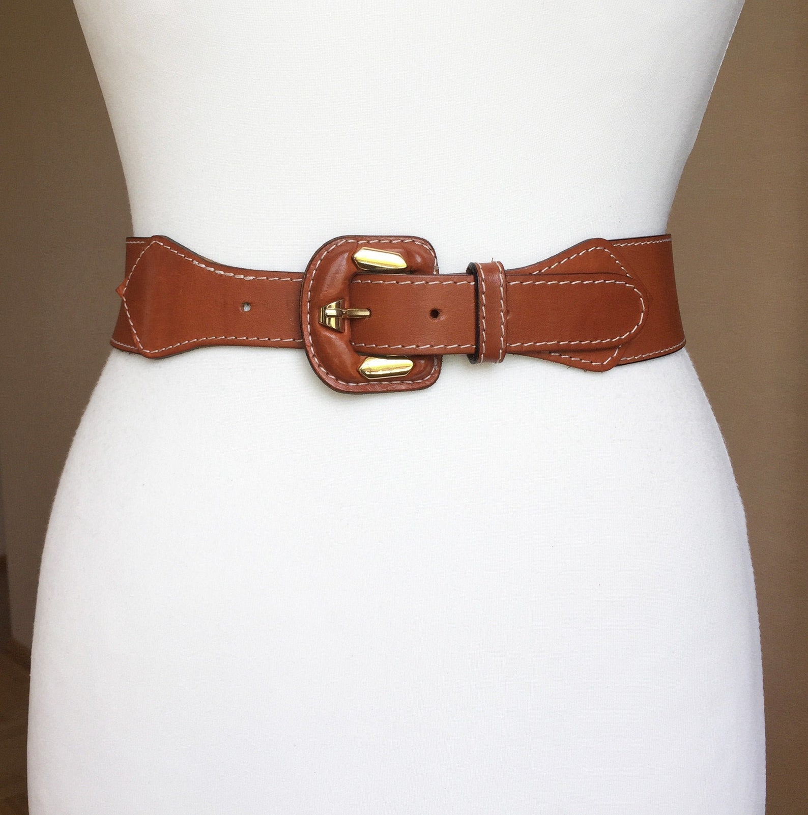 Vintage Cognac Brown Leather belt Women wide waist leather | Etsy
