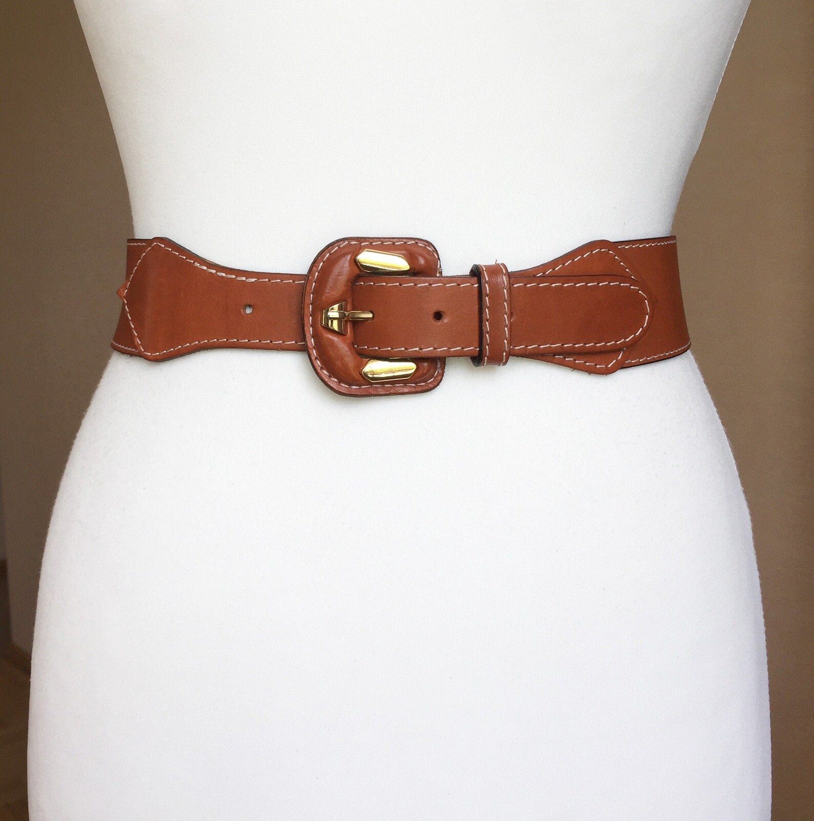 Vintage Cognac Brown Leather belt Women wide waist leather Etsy
