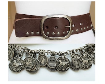 Chaîne rock western vintage X works avec ceinture en cuir clouté marron Monets, 33-37", 85-95 cm