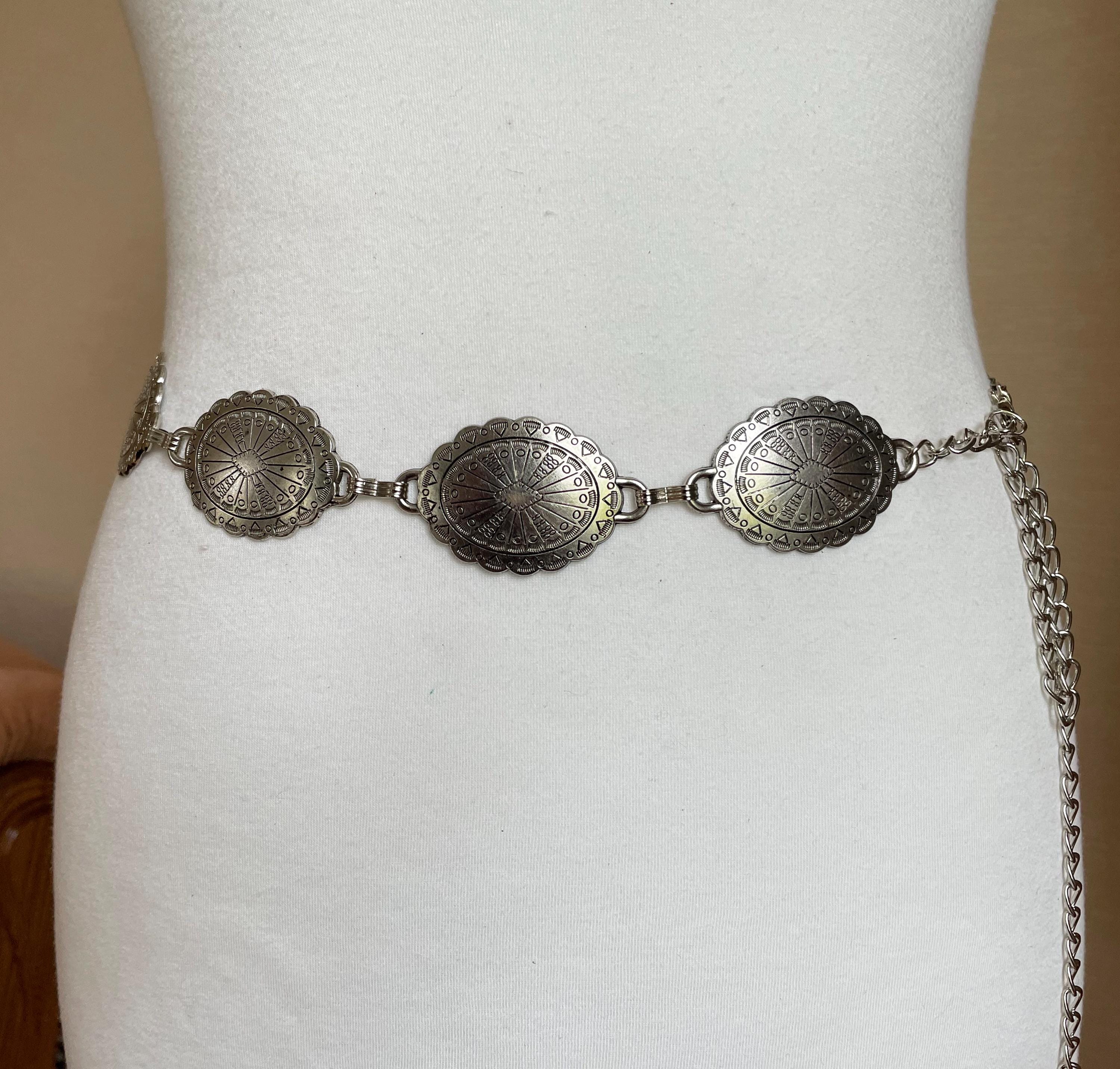 Western Silver-Tone Tooled Concho Belt Metal Ornate Western Oval Concho Chain | mostwantedusa main image 4