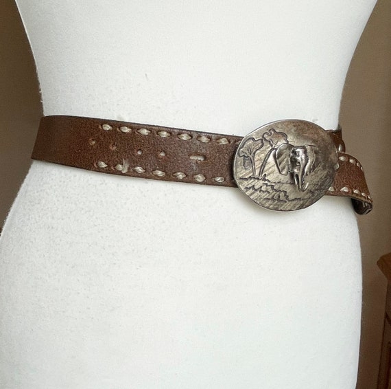Vintage 2XL 3XL size Brown Leather belt with Elep… - image 7