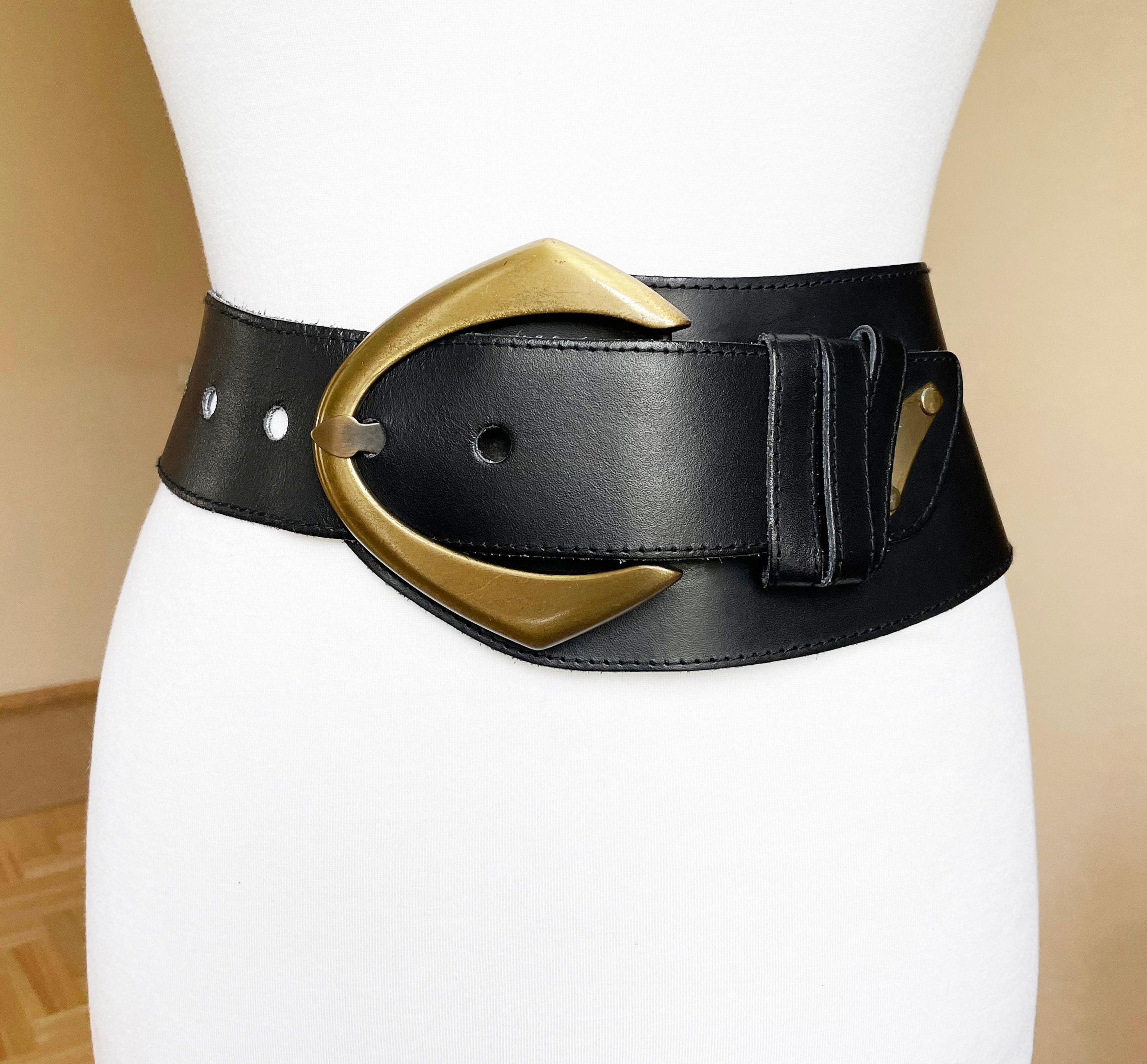 Vintage Extra Wide Asymmetrical Black High Low Waist Leather belt 