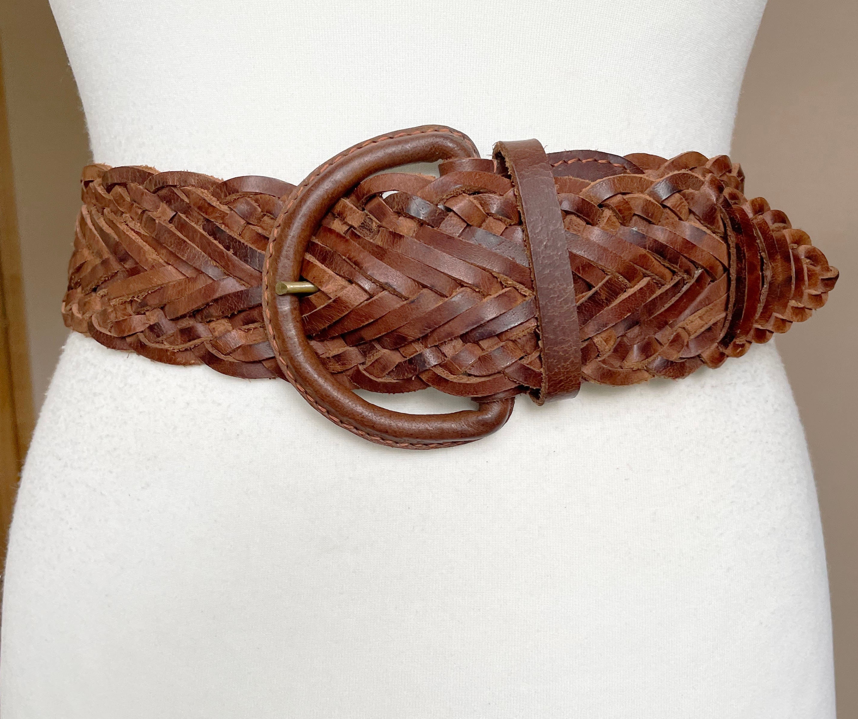 Tommy Hilfiger Vintage L XL Brown Braided Woven Waist Leather Belt