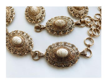 Western Antique Gold Concho Ivory Faux Howlite Southwest Chain belt