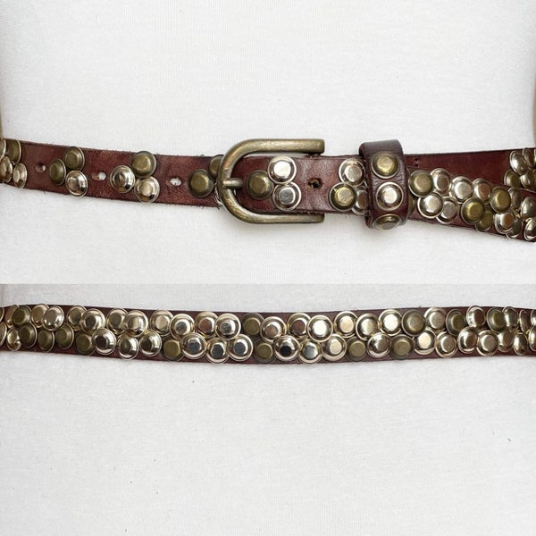 Skinny 77-87cm/30-34" Western Thin Vintage Hippie Brown Studded Slim Leather belt