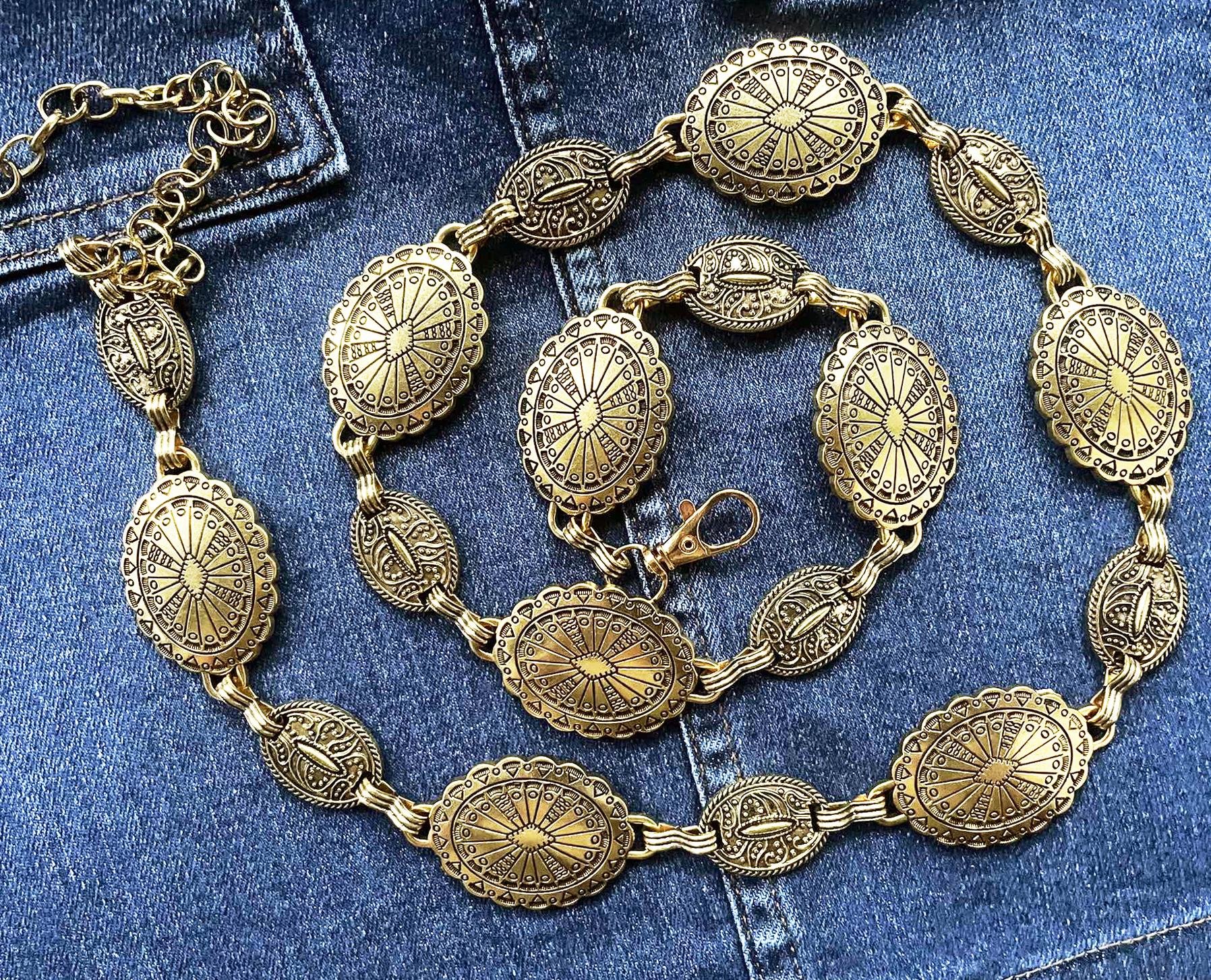 Vintage Women’s Western Small Concho Link Belt~Gold Metal~Southwestern Cowgirl Western Metal Concho Belt Cowgirl Chain Belt for Dresses  main image 2