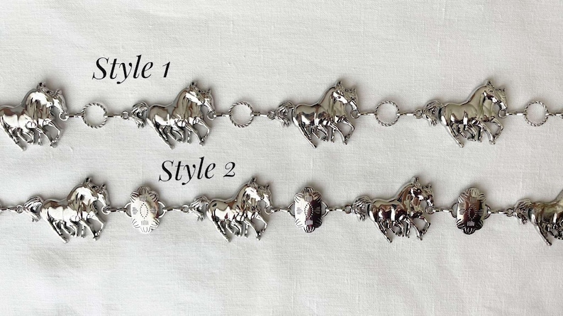 May include: Two silver-toned horse-themed belts. Style 1 features running horse charms connected by circular links. Style 2 has horse charms and decorative centerpieces. The text "Style 1" and "Style 2" are visible.