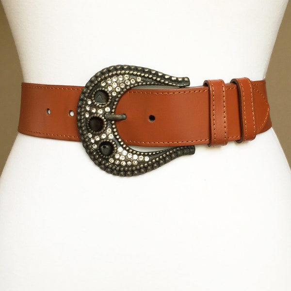 Vintage Brown Waist Leather belt Brass Jeweled buckle, 29-33", 75-85 cm