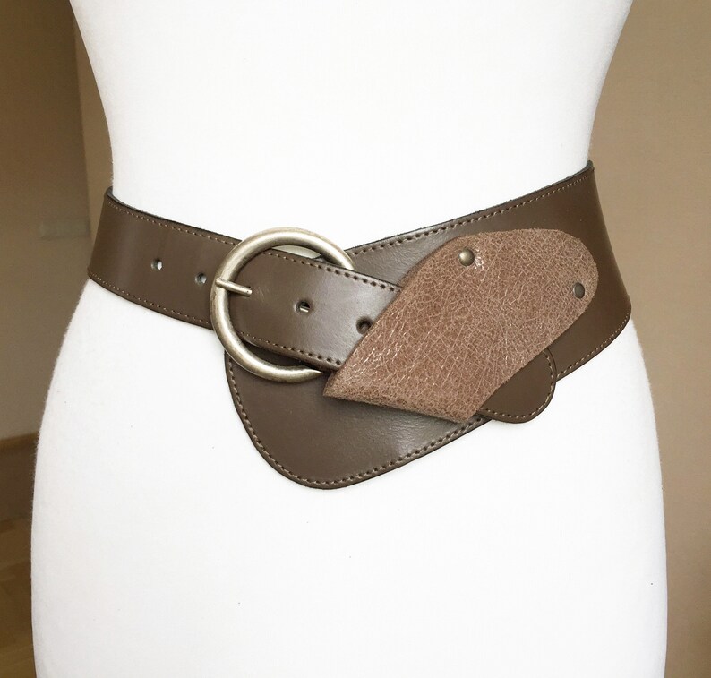 Vintage Asymmetrical leather belt Women wide brown taupe | Etsy