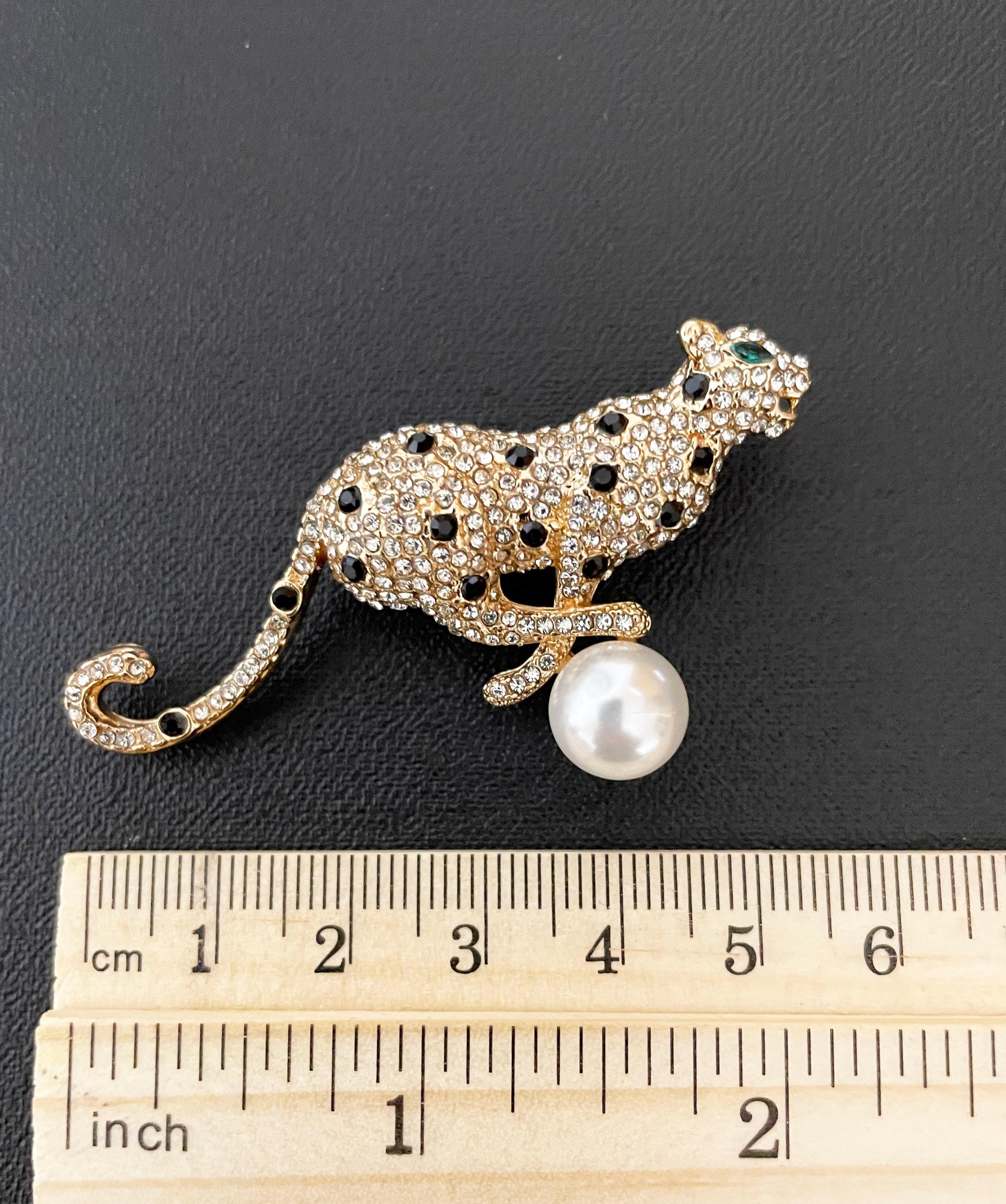 Broche Argent Sterling Véritable - Motif Guépard Avec Pierres Fines Et Strass - 5,6g