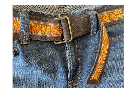 Jacquard Woven Cotton Vintage Ribbon on Brown Denim Belt Jacquard Woven Cotton Vintage Ribbon on Brown Denim Belt