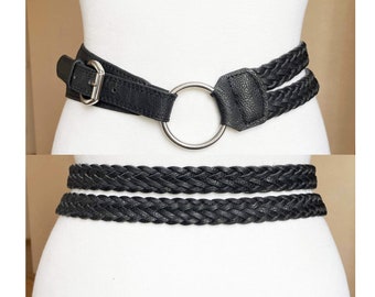 Vintage L XL gevlochten dubbele riem zwarte hoge lage taille niet-lederen riem, 102-105cm, 39-41"