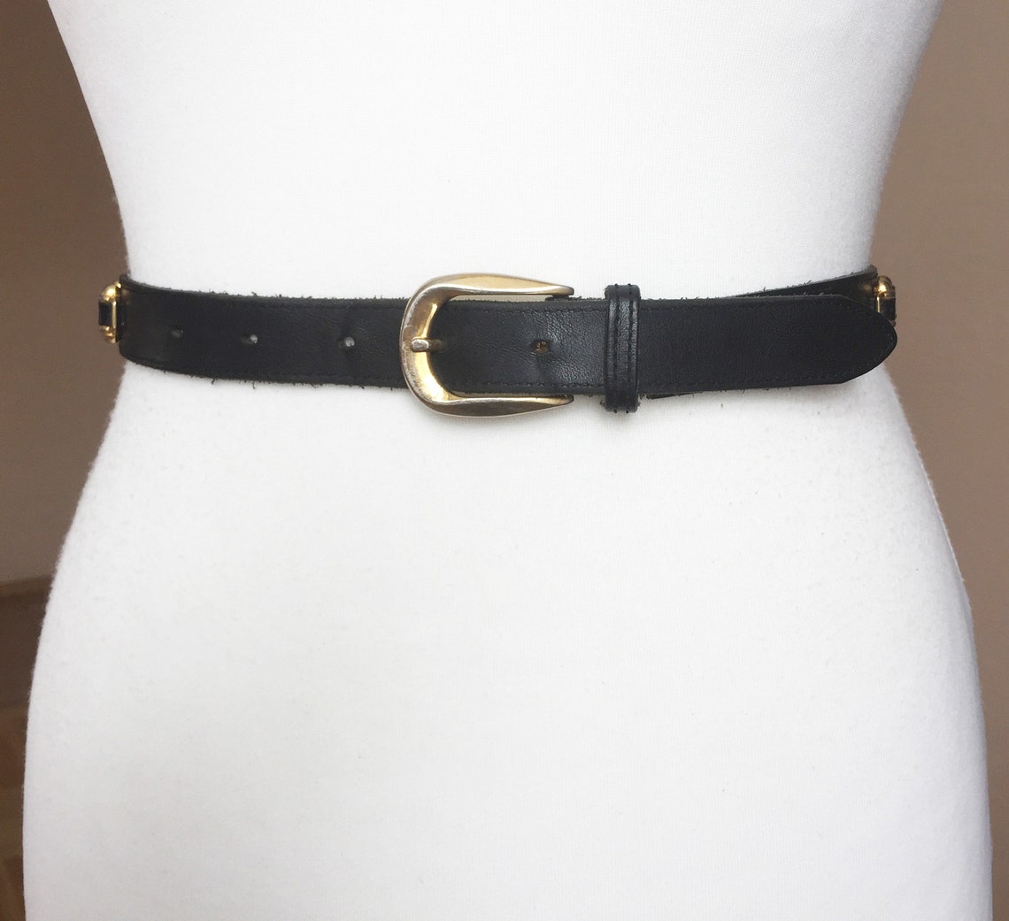 Vintage 90s Skinny Black Leather belt with Gold Metal conchos | Etsy