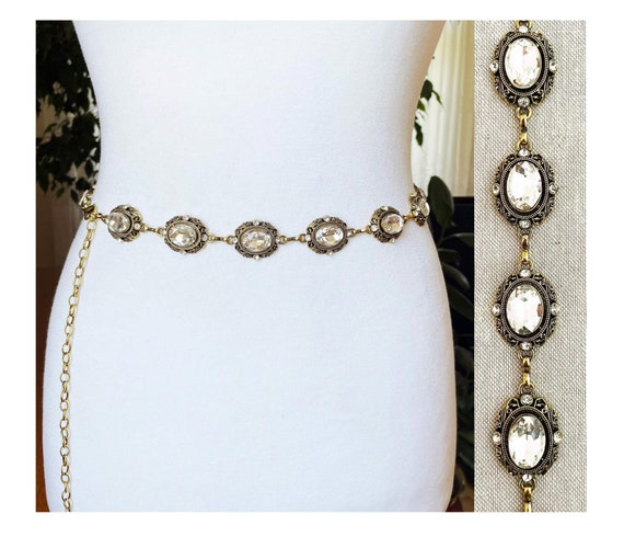 Antique Gold Tone Bejeweled Metal Belt Faceted Rhinestone 