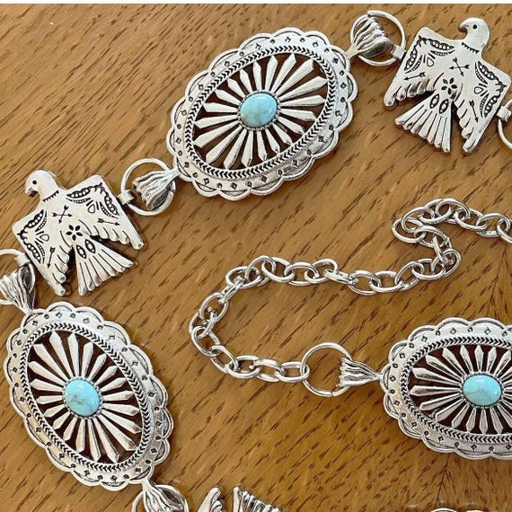 Western Thunderbird Concho Silver Tone Metal Belt - Etsy display picture 1