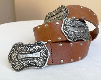 Germany Vintage 35-39"/ 90-100cm Western Cowboys Studded Heavy Concho Brown Leather belt