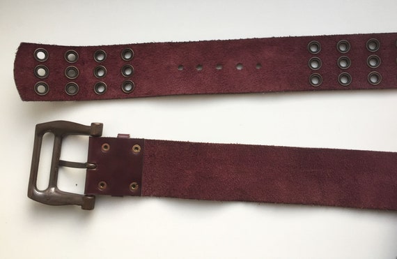 Vintage Plum Brown Grommets Soft Leather Belt Solid Brass Buckle