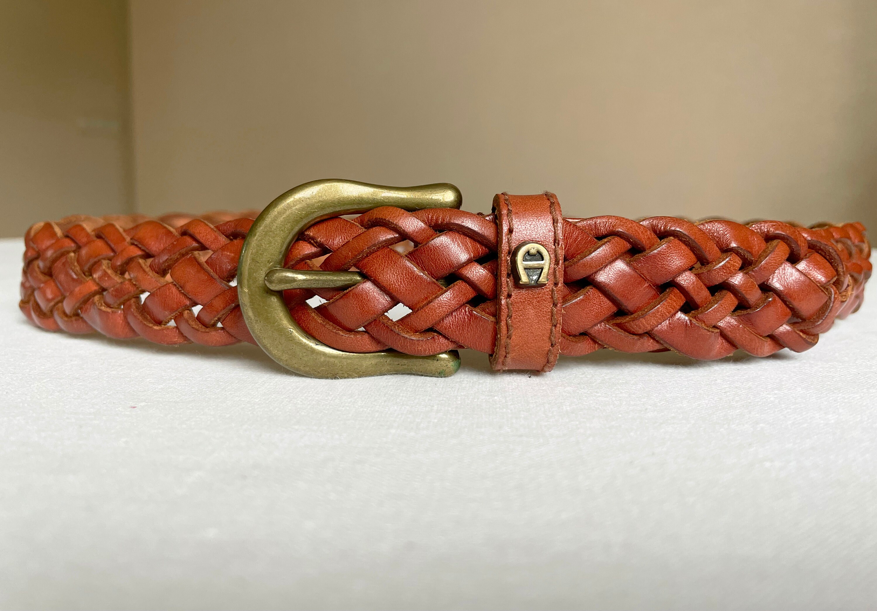 Etienne Aigner Vintage Woven Brown Leather Belt S Braided Round Chunky Buckle NEW Vintage Etienne Aigner Leather Wide medium Belt Large  main image 2