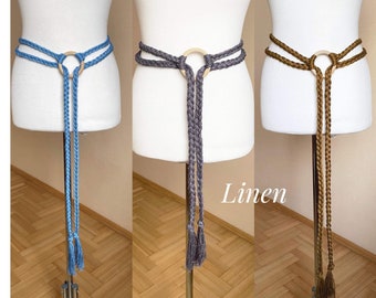 Linen Extra Long belt Medieval Viking Dress Costume belt Hand Woven belt Birch Wood Ring, 250-300-370cm / 98"-118"-145"