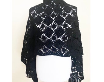 70s Vintage Black Wool Crocheted Wrap Shawl 20x60"/ 48x153 cm