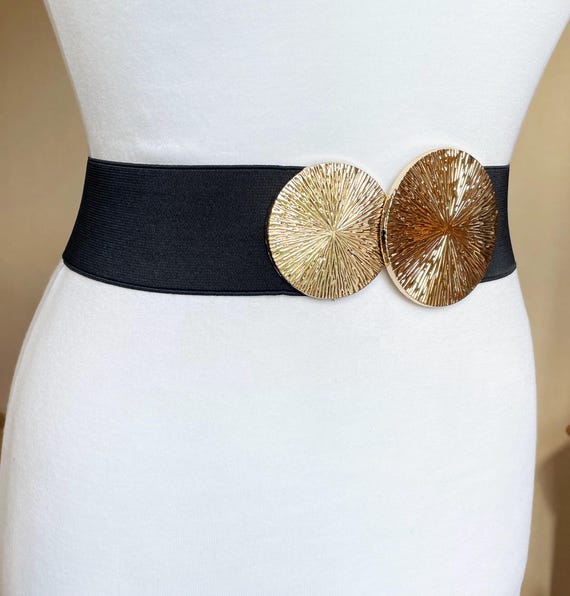 Wide Black Elastic Belt With Light Golden Buckle - Etsy Israel display picture 1