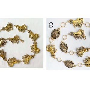 May include: Two gold-toned necklaces. One features horse figures, the other has horse figures and oval medallions. Both necklaces are on a white background. The necklaces are likely vintage or antique.