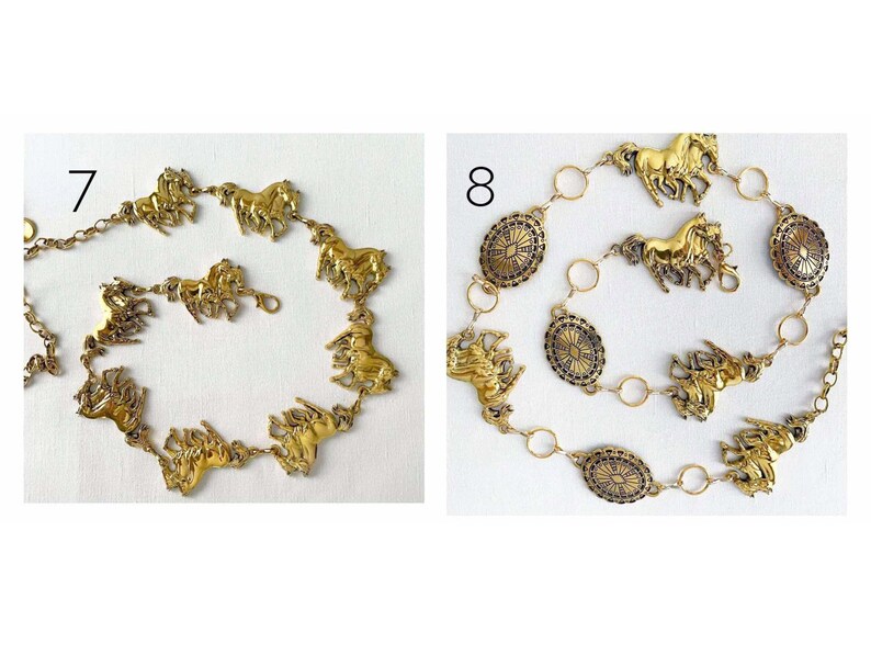May include: Two gold-toned necklaces. One features horse figures, the other has horse figures and oval medallions. Both necklaces are on a white background. The necklaces are likely vintage or antique.
