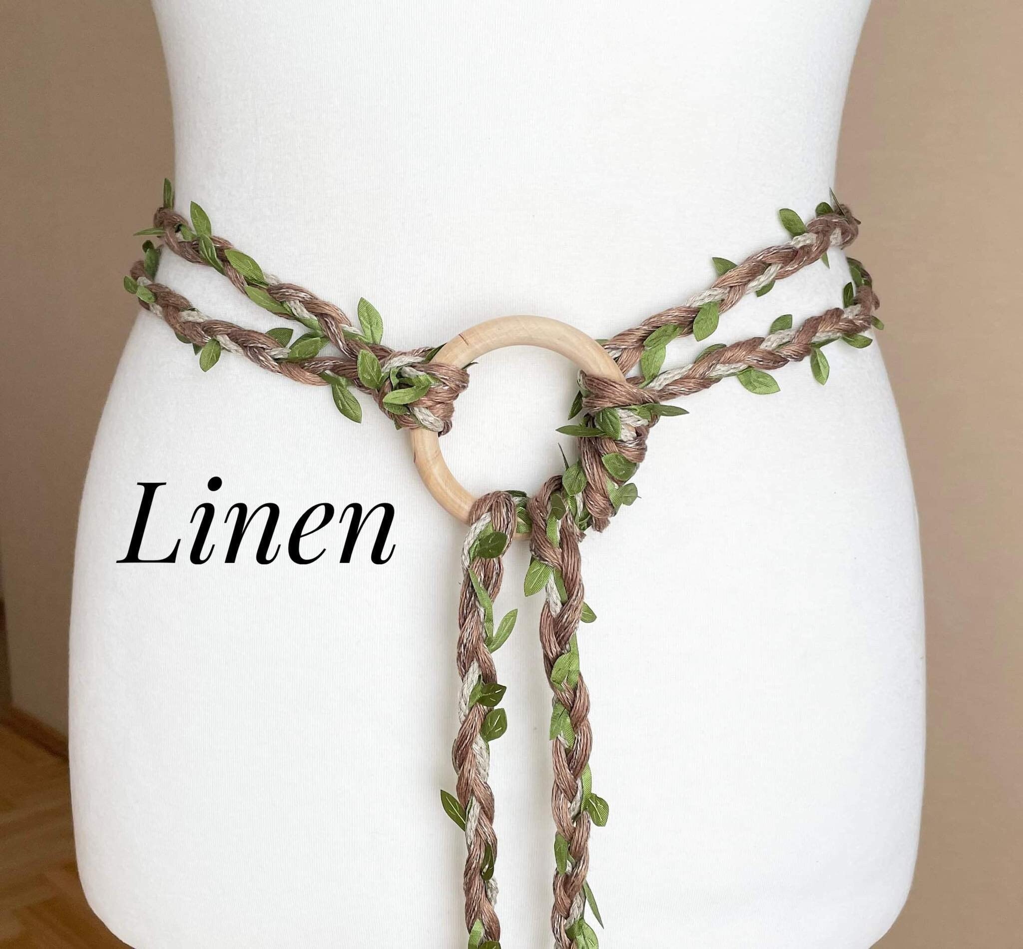 LINEN Hand Braided Renaissance Medieval belt with Green leaves, Birch Wood Ring, 132-192cm/ 52"-76" Long