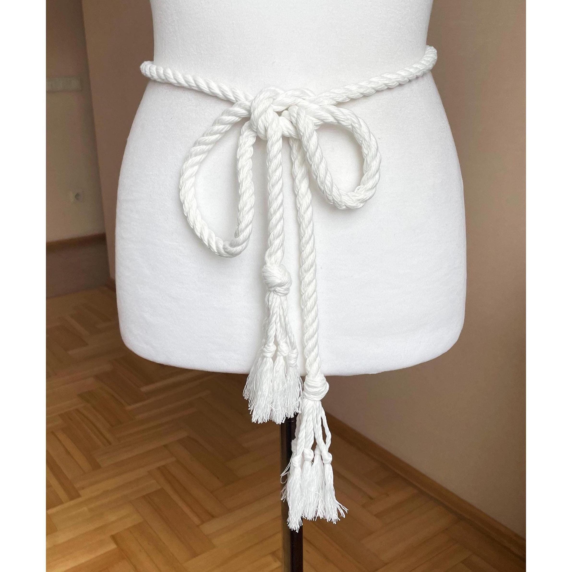 Ivory long woven braided rope knotted fringe tassel tie belt Handmade White Braided Cotton Belt With Tassels: Boho Dress  main image 4
