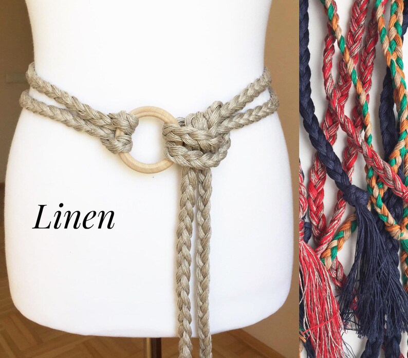 Ceinture en lin tressée Robe bohème Ceinture à pampilles Cravate en lin Ceinture à passants Ceinture hippie tissée à franges Anneau en bois de bouleau image 1