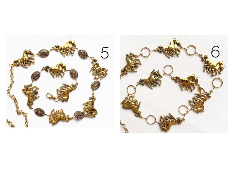 May include: Gold-toned metal belt featuring horse-shaped charms and oval accents. The belt has a chain closure and is displayed on a white background. The horse charms are in various poses, adding a dynamic element to the accessory.