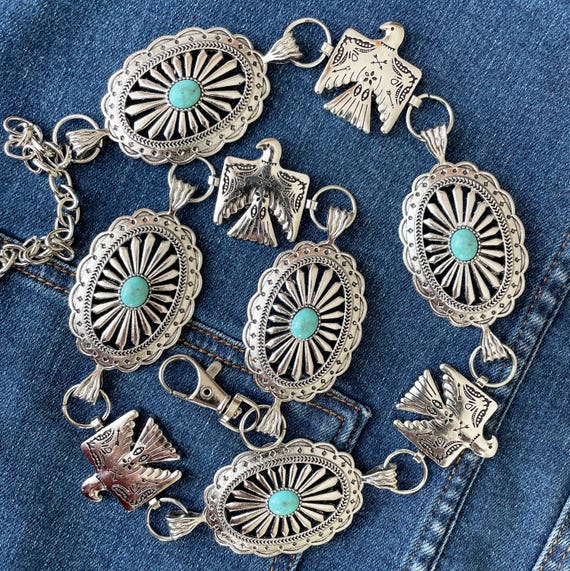 Western Thunderbird Concho Silver Tone Metal Belt - Etsy