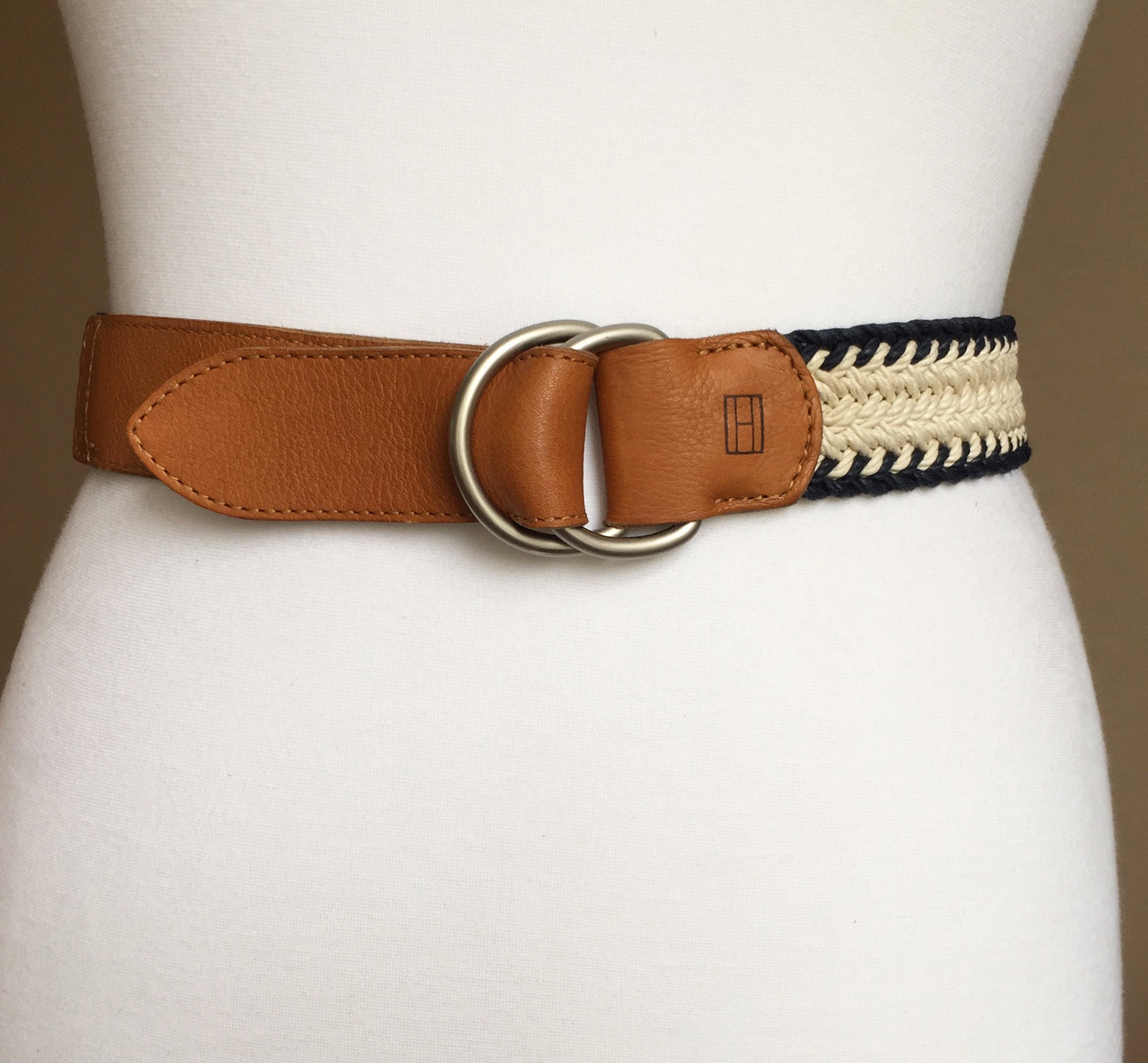 Vintage Tommy Hilfiger Belt D-Ring Cognac Leather and Cord Woven Waist Belt, M/L Size