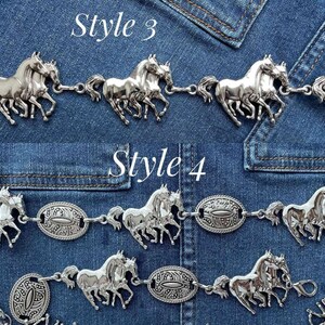 May include: Silver-toned metal belts with horse and oval designs. The belts are displayed on a blue denim background. The text "Style 3" and "Style 4" are visible in the image.
