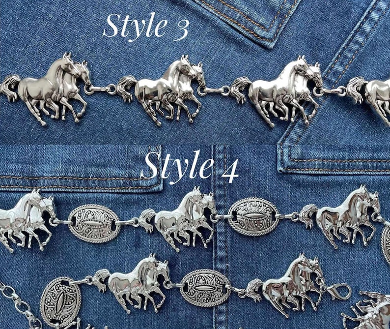 May include: Silver-toned metal belts with horse and oval designs. The belts are displayed on a blue denim background. The text "Style 3" and "Style 4" are visible in the image.