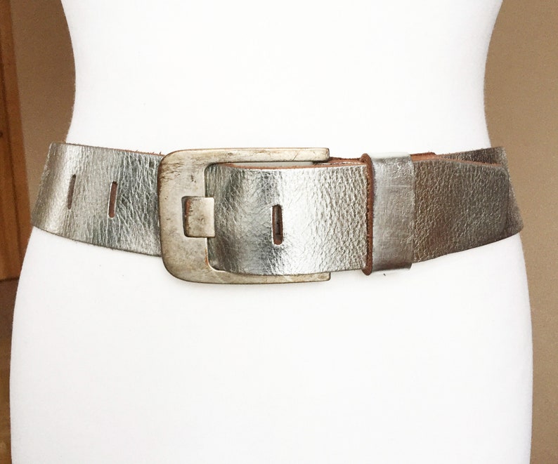 Vintage Silver Leather Belt Wide Waist Thick Leather Belt image 0