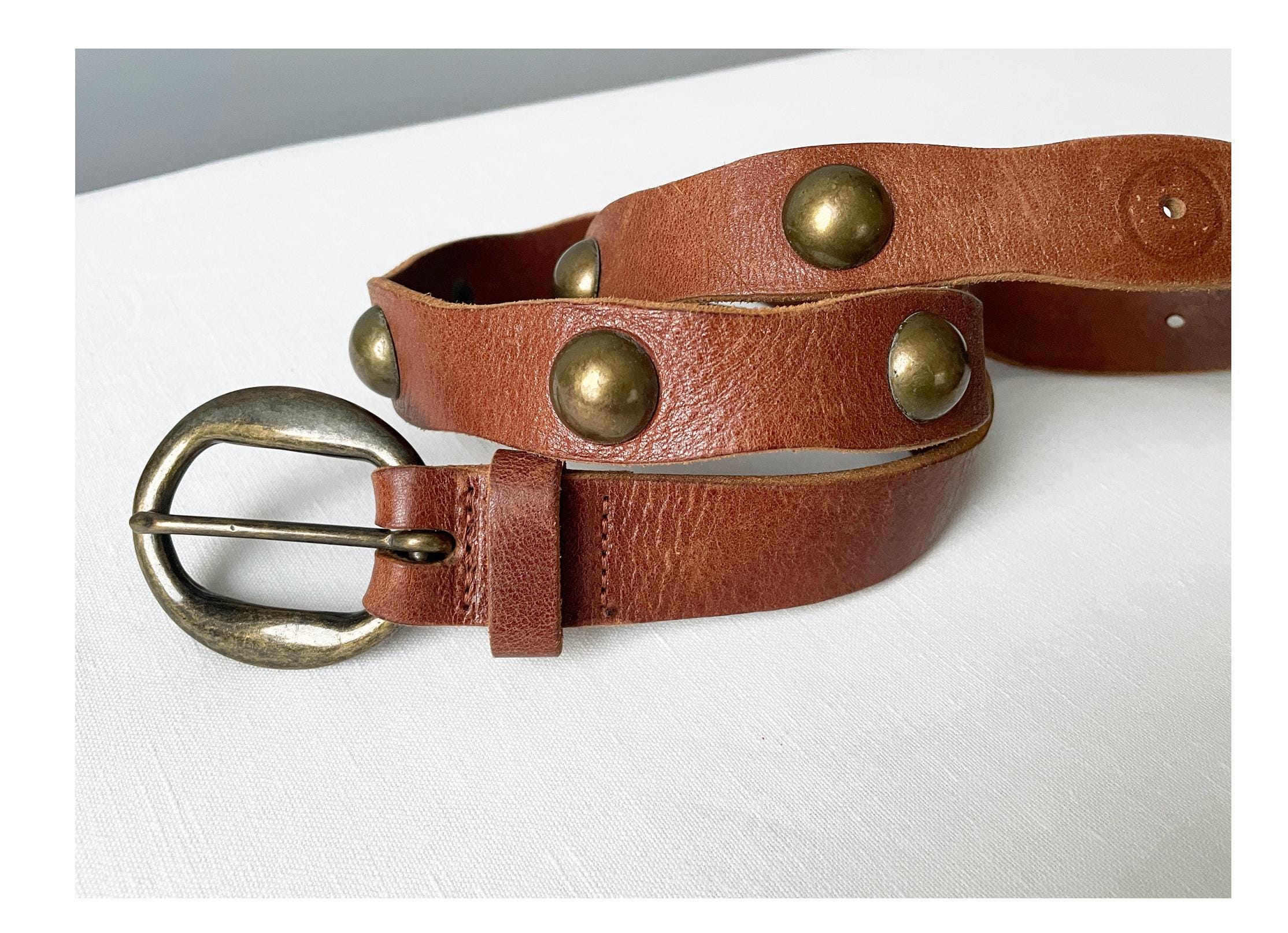 Italian Vintage L XL Brown Studded Leather Belt 35-39 display picture 2