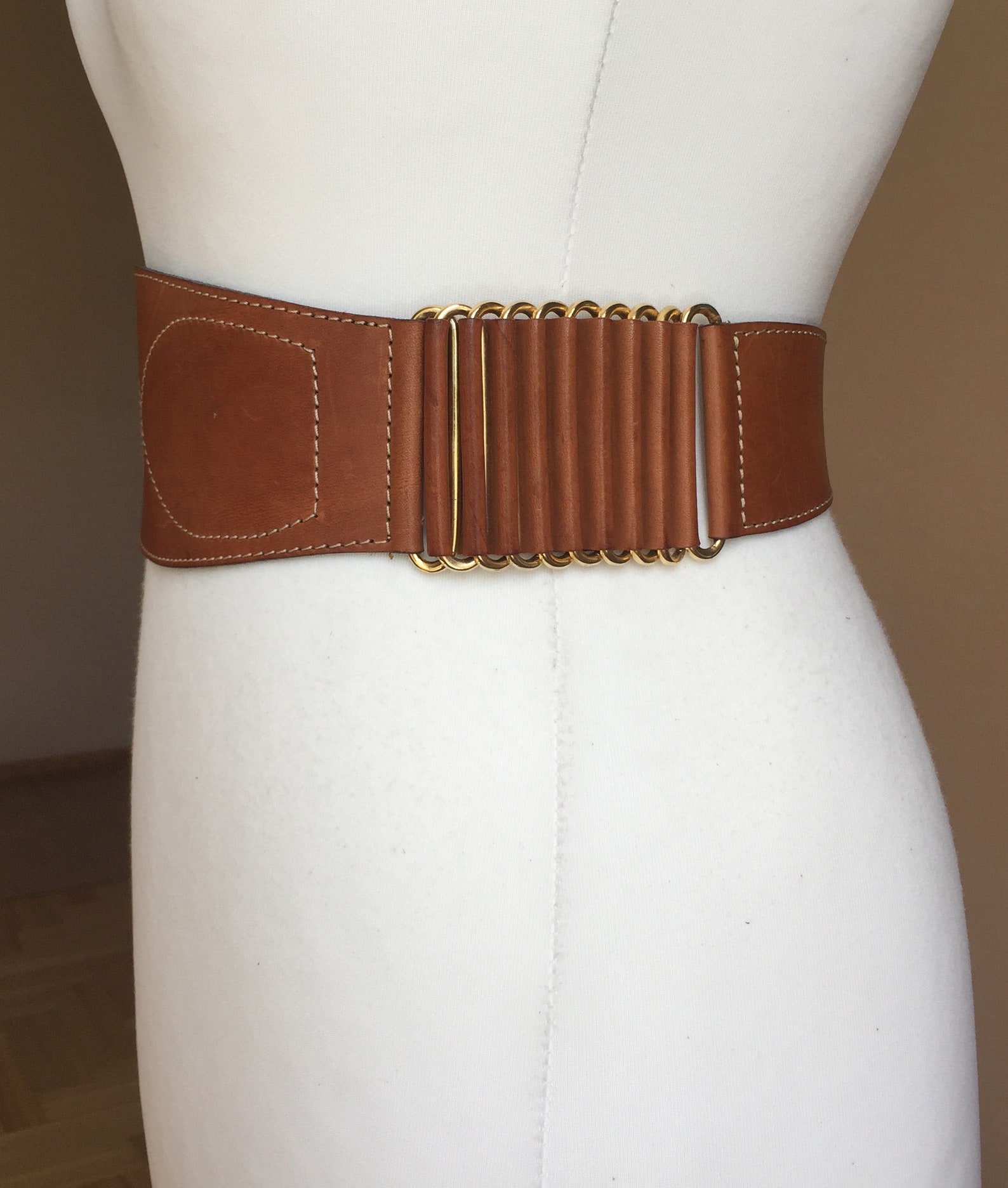 Vintage Small Cognac Leather belt Women Wide Corset Leather | Etsy