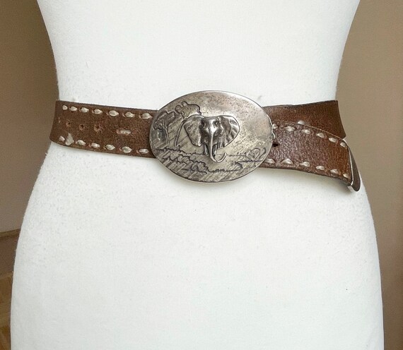 Vintage 2XL 3XL size Brown Leather belt with Elep… - image 3