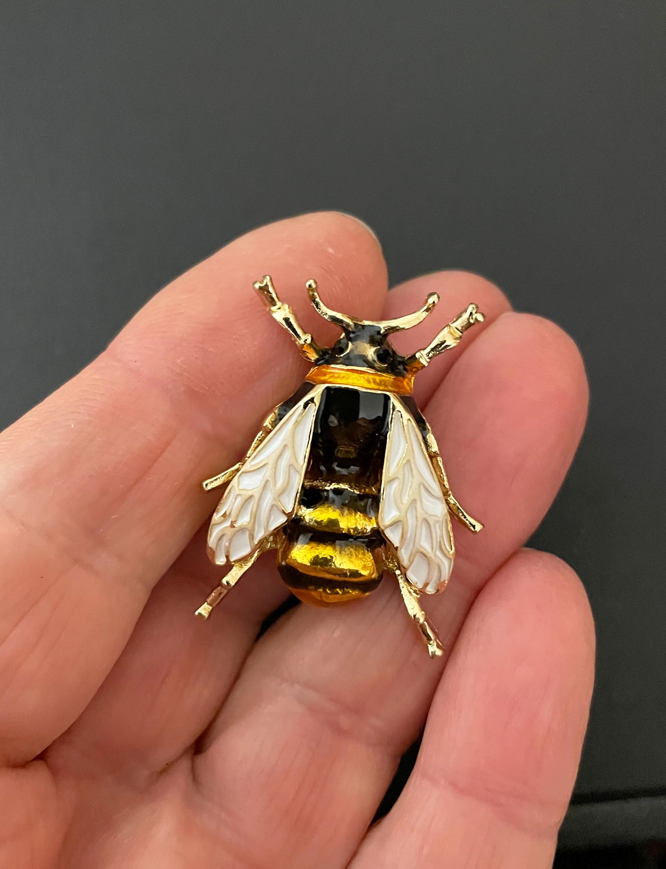 Broche Vintage Abeille Années 60 - Cabochon Sulfure Rouge, Strass, Métal Argenté Et Doré