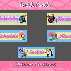 Op de afbeelding: Een set van zeven Fallout-geïnspireerde Twitch-panelen met een retro-esthetiek. Elk paneel heeft een uniek ontwerp met tekst als "Subscribe", "Donate", "Schedule", "About" en "Socials". De panelen staan tegen een roze en grijze achtergrond.