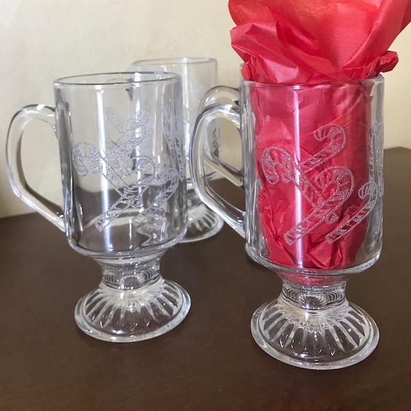 Set of 4 Vintage Candy Cane Textured Irish Coffee Mugs | Glass Christmas Candy Candy Sparkle Mugs Holiday Theme Hot Chocolate Coffee