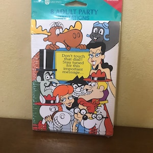Pacote com 8 convites para festa do Rocky e Bullwinkle da American Greetings | Convites vintage do Rocky e Bullwinkle