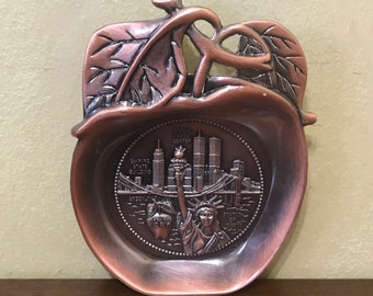 New York Apple Copper Metal Trinket Dish | World Trade Center - Statue of Liberty - Brooklyn Bridge - Vintage New York Souvenir Memorabilia