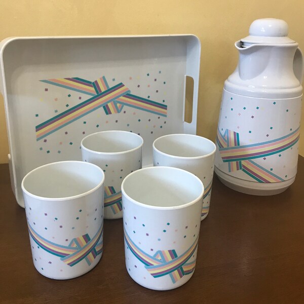 Confetti Design Plastic Thermos with Tumblers Serving Tray Phoenix, 80s Patio Serving Set, 90s Pool Party Birthday, Cupcake Sprinkles