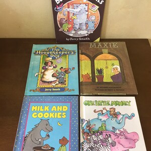 May include: A collection of five children's books with colourful covers. The titles include "But No Elephants", "The Housekeeper's Dog", "Maxie", "Milk and Cookies", and "One Little Monkey".