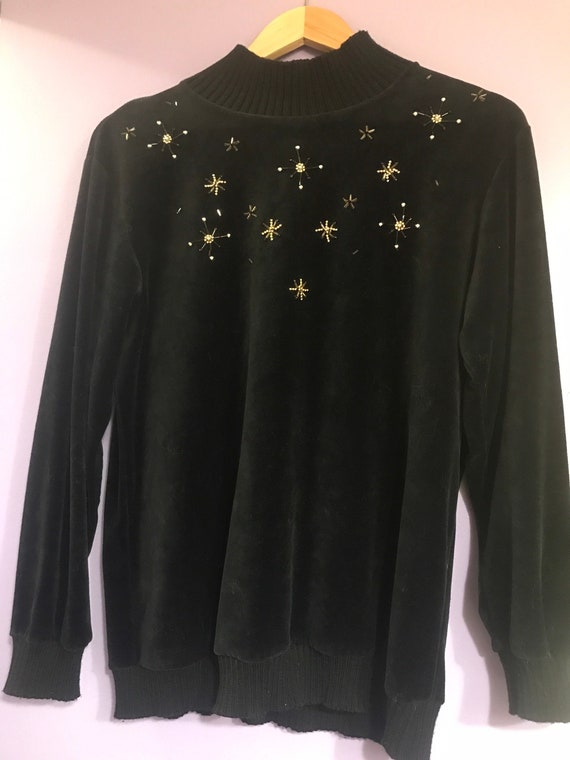 Vintage Black Velour Bead Embellish Sweater Size … - image 1