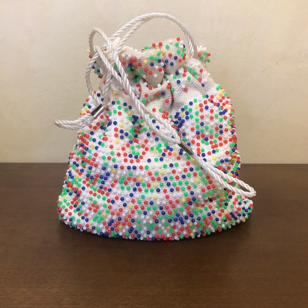 Vintage Reversible Drawstring Rainbow Beaded Pouch Bag | White baded Vintage Drawstring Bag Marble Bag Vintage 70s 80s